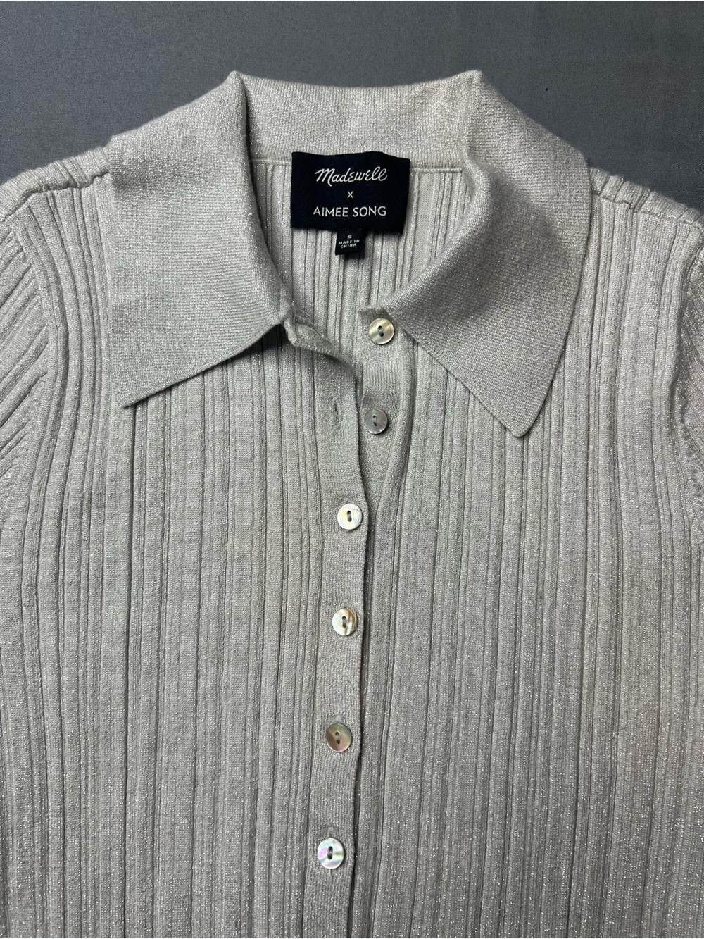 Madewell x Aimee Song Ribbed Button-Up Polo - Light Silver